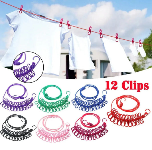 Clothesline Rope Elastic Cloth Drying Hanging Rope with 12 Clips and 2 Hooks Travel windproof Clothesline Hanging Laundry retractable Drying Rope (Multicolor) 185CM